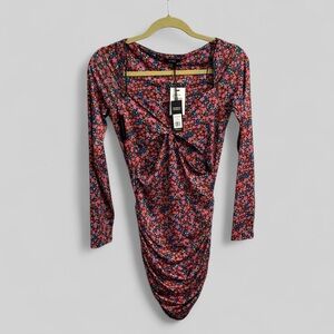 AFRM NEW Corinne Cutout side shirred knit mini dress red ditsy Medium coquette